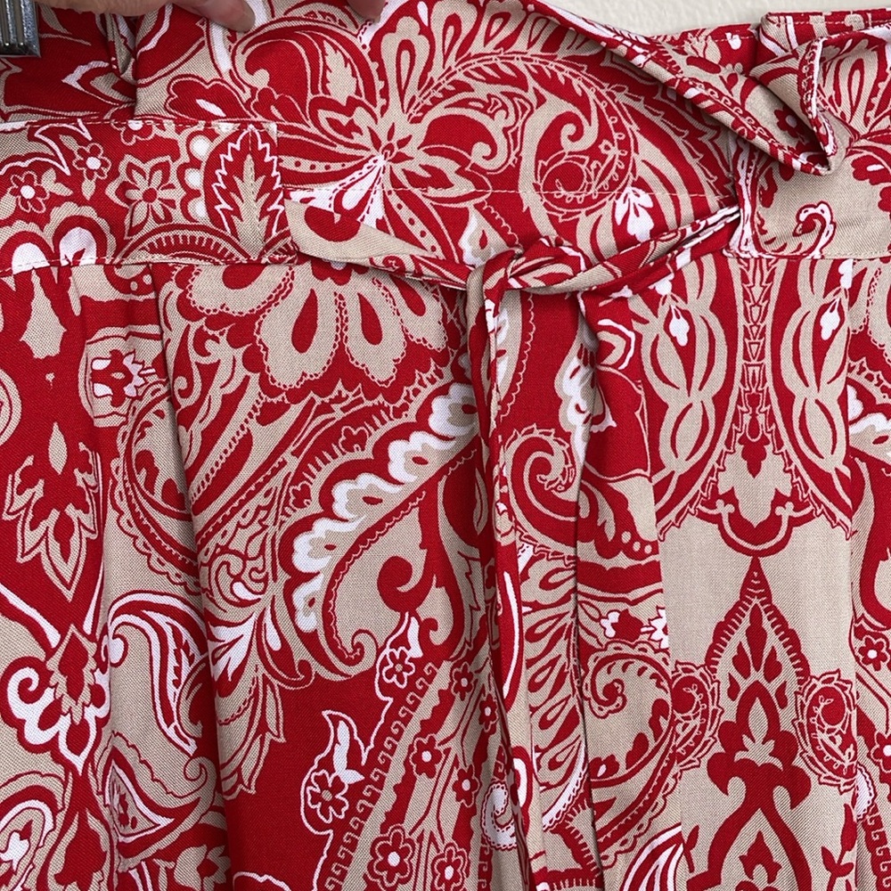 LIZ CLAIBORNE Skirt Red & Tan Paisley Paper Bag Waist Attached Belt Rayon - Picture 6 of 11